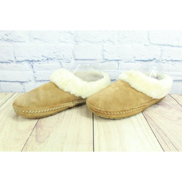 LL Bean Shoes Size 8 M Brown Suede Lamb Fur Shearling Slippers Cozy Slip-On - Picture 2 of 9